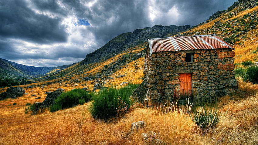 casa de piedra, rural, montaña fondo de pantalla