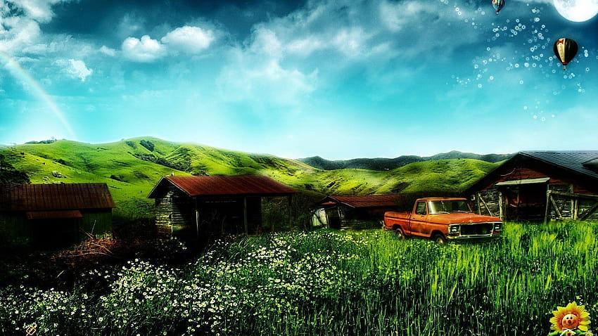 Cars home fantasy art digital art house farms HD wallpaper