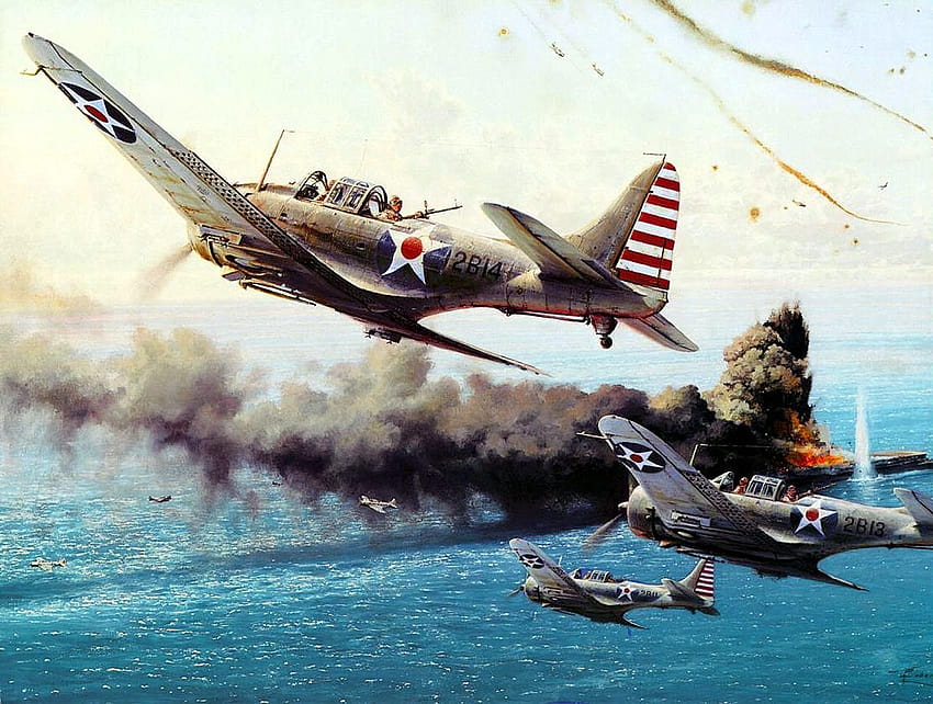 第二次世界大戦、航空機、マクドネル・ダグラス、ドーントレス、急降下爆撃機、太平洋、軍用機/およびモバイル背景、急降下爆撃 高画質の壁紙