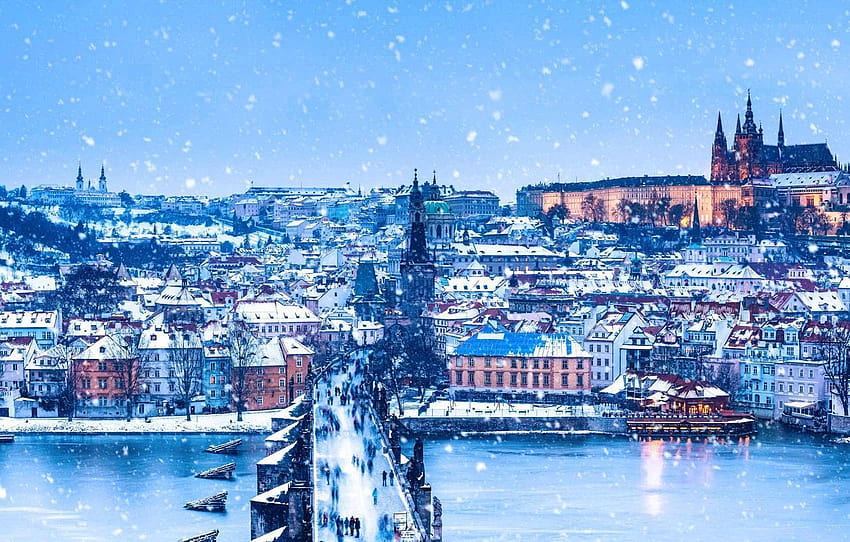 зима, река, Прага, Чехия, Коледа, панорама, Карлов мост , участък город, зимна прага HD тапет