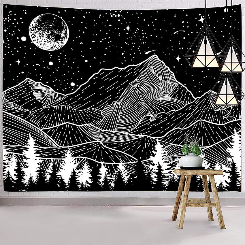 Küchen- und Haushaltsartikel online - Hexagram Mountain Moon Tapisserie-Wandbehang, Schwarz-Weiß-Wald-Wandteppich für Raum- und Wohnheimdekoration HD-Handy-Hintergrundbild