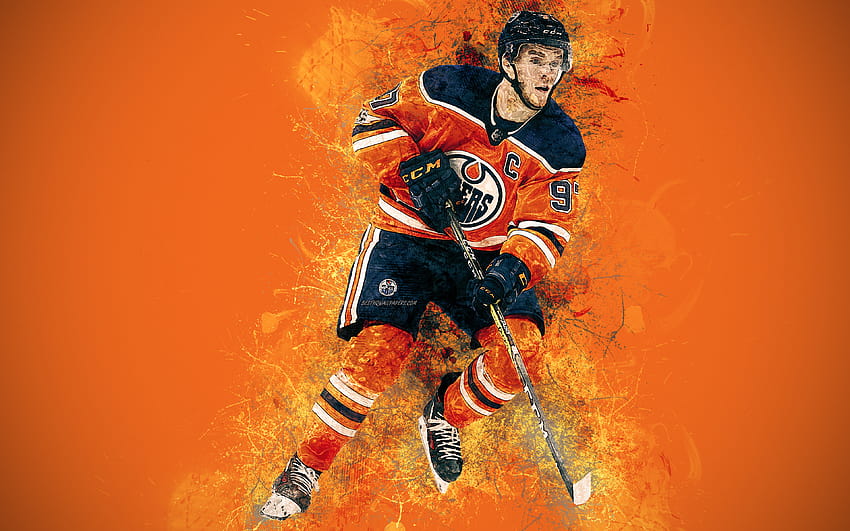 Connor McDavid, sztuka, kanadyjski hokeista, styl grunge, Edmonton Oilers, sztuka malowania, NHL, USA, sztuka kreatywna, hokej, pomarańczowe tła grunge o rozdzielczości 3840x2400. Wysoka jakość, Connor Mcdavid 2022 Tapeta HD