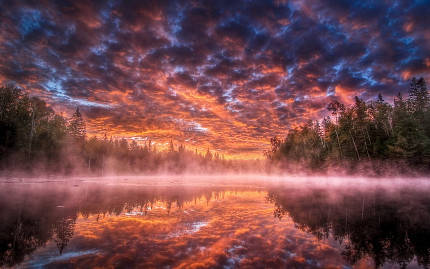 Cielo Lago Nebbia Vapore Oscurità minacciosa Riflessione Alberi, riflessione degli alberi del cielo Sfondo HD