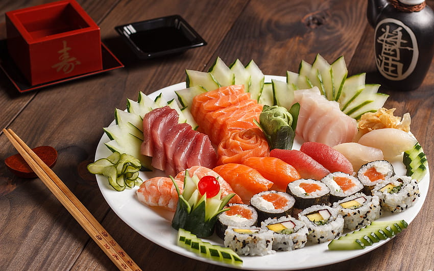 sushi, rollos, comida japonesa, platos de pescado, salmón, Sashimi, sushi de California, Nigirizushi, Nori con una resolución de 1920x1200. Alta calidad fondo de pantalla