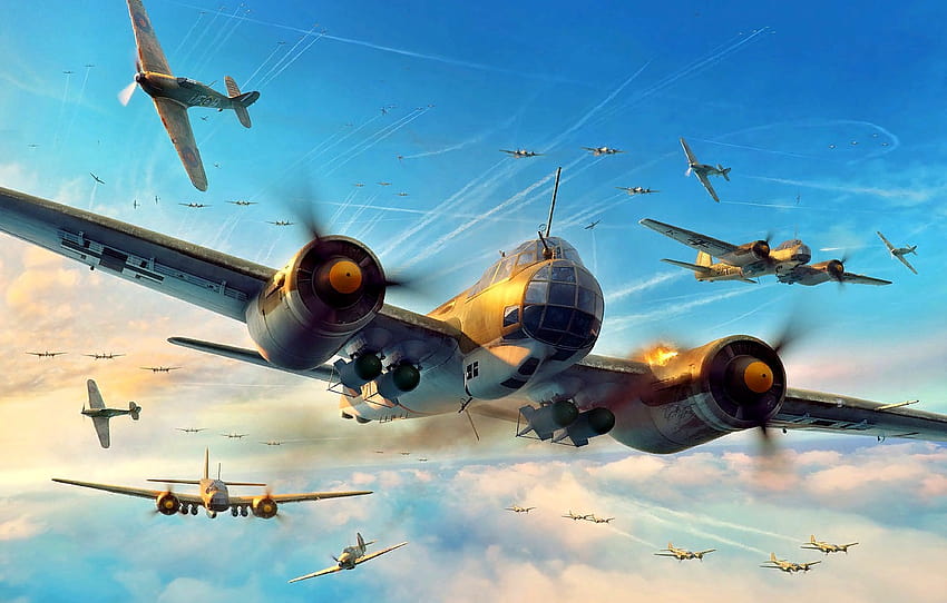 Hurricane, Junkers, Bitwa o Anglię, RAF, Siły Powietrzne, Grafika, Hawker, Myśliwiec, II Wojna Światowa, Ju Tapeta HD
