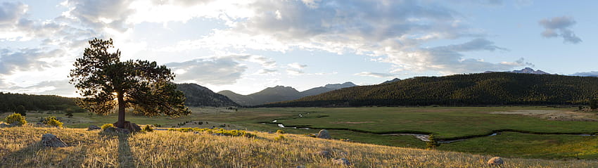5120x1440] Matahari terbit di Taman Nasional Pegunungan Rocky: multidinding Wallpaper HD