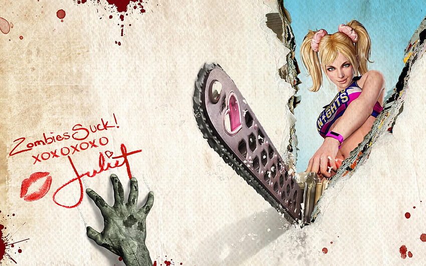 blood, zombies, chainsaw, twintails, lipstick, cheerleaders, lollipop chainsaw HD wallpaper