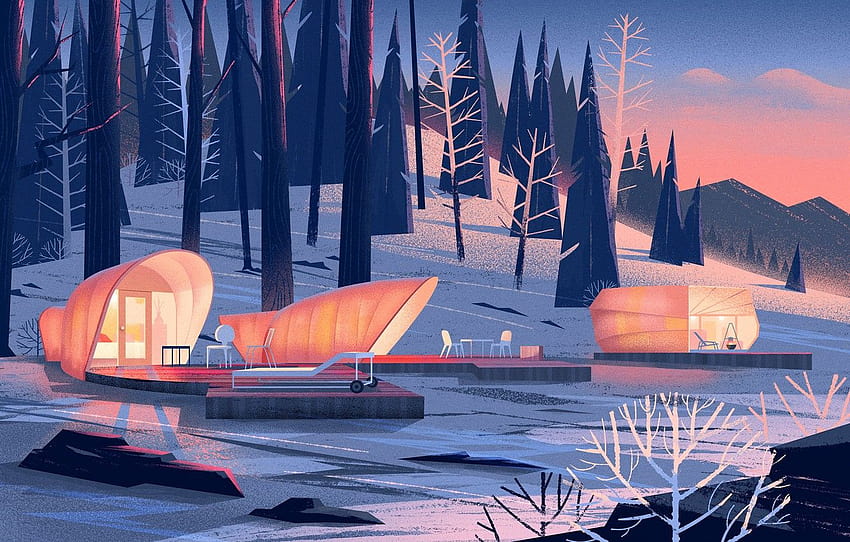 winter, forest, shore, pond, Nomadic Homes Illustrations , section рендеринг, forest illustration HD wallpaper