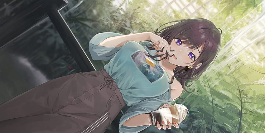 3840x1929 Beautiful Anime Girl, Coffee, Summer, Short Brown Hair HD wallpaper