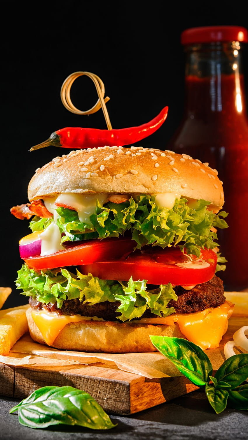 Essen Burger Pommes Frites Stillleben, saftige Burger HD-Handy-Hintergrundbild
