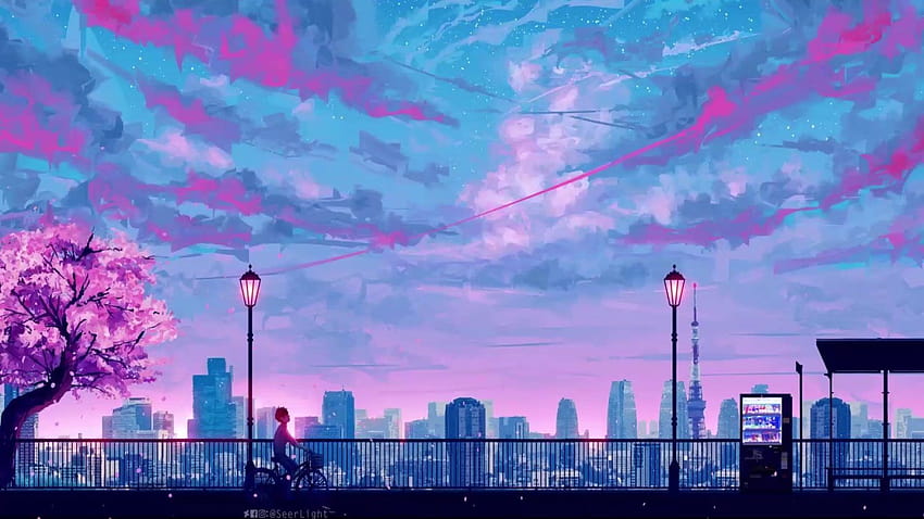 Blue And Pink Sky City Live ... waifu, ピンクスカイアニメ 高画質の壁紙
