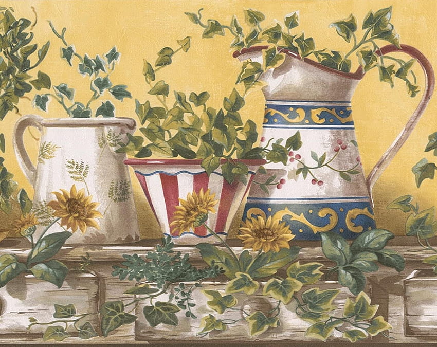 Vas Ketel Porselen Putih Merah Biru di Meja Dapur Antik Desain Retro Perbatasan Kuning, Gulung 15' x 9 Wallpaper HD