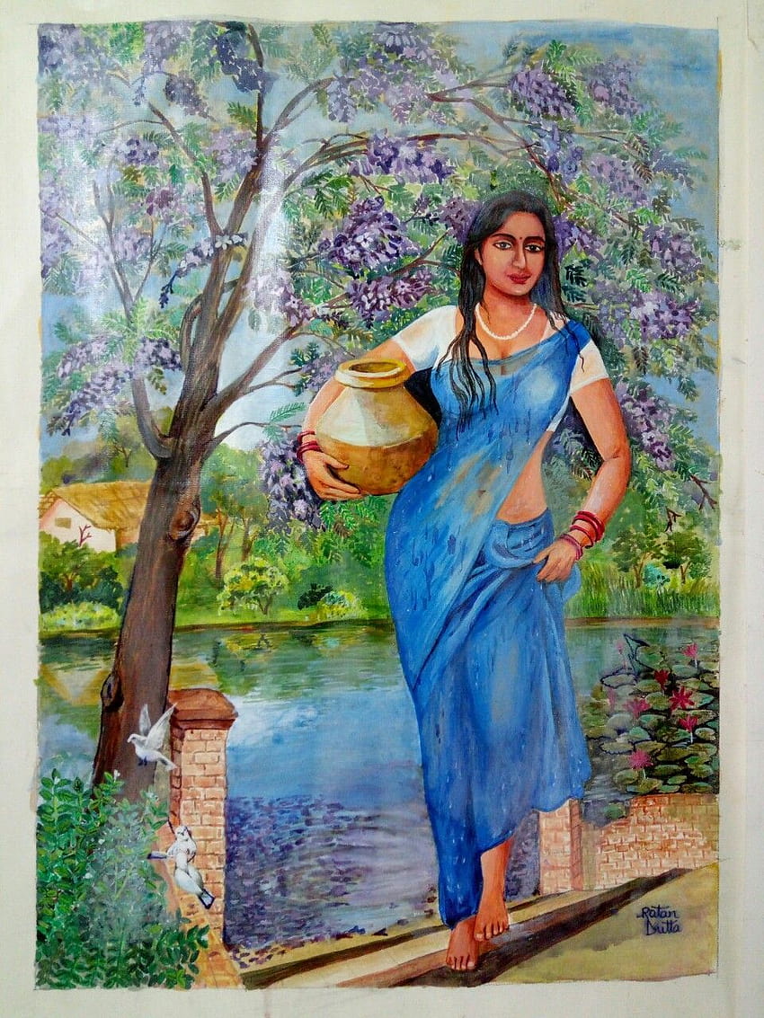 Ratan Dutta paintings indian village women brings water, indian ...