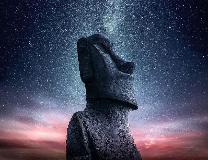 Statue Moai, île de Pâques, coucher de soleil, ciel étoilé, pâques amoled Fond d'écran HD