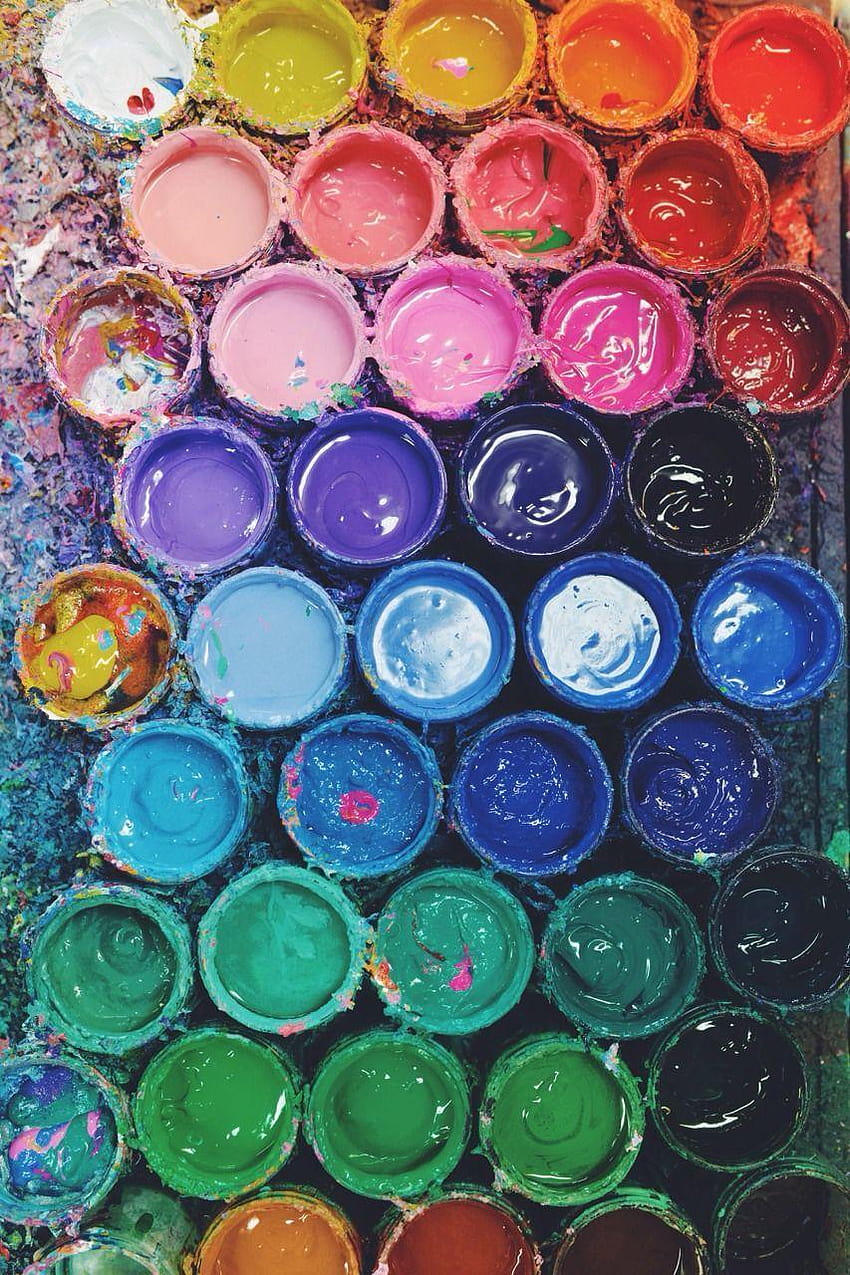 paint buckets in different colors aligned together, paints HD phone wallpaper