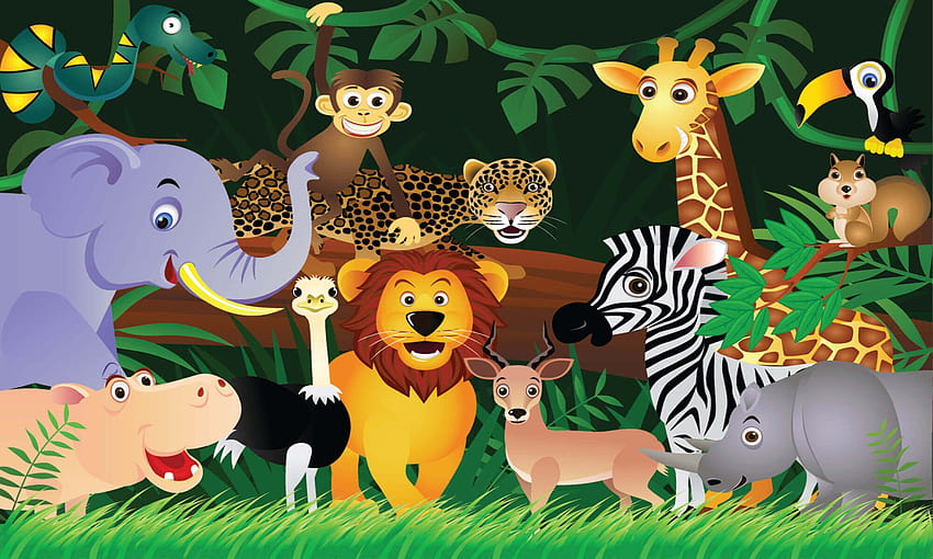 アニメ化された漫画のジャングルの動物の子供の壁画、ジャングルの漫画 高画質の壁紙