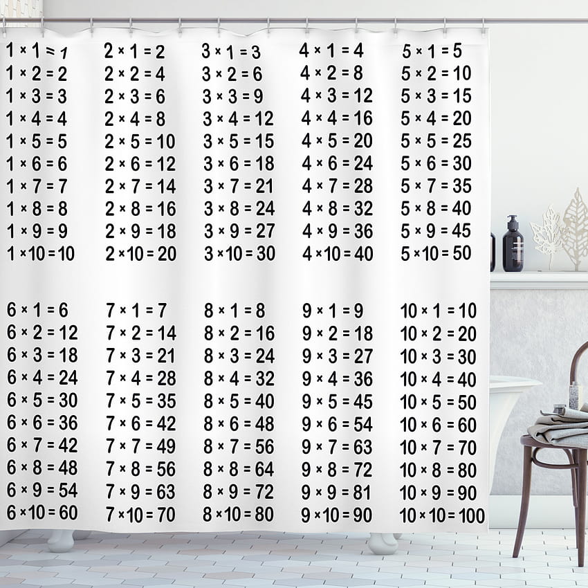 Rideau de douche éducatif, table de multiplication sur fond blanc, mathématiques, algèbre, étudiant, ensemble de salle de bain en tissu avec crochets, 69 W x 75 L pouces de long, noir blanc, par Ambesonne Fond d'écran de téléphone HD