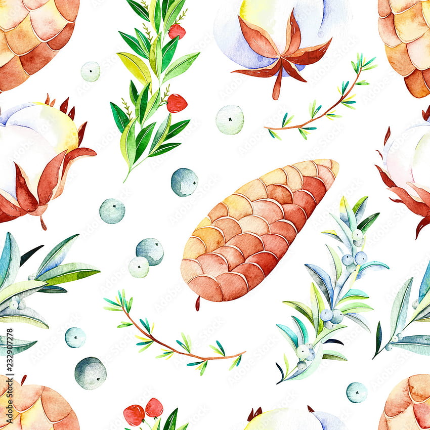 Watercolor winter seamless pattern. Handpainted watercolor christmas pattern with winter branches, berries, cotton and fir cones. Perfect for you postcard design, happy new year print etc. Stock Illustration HD phone wallpaper