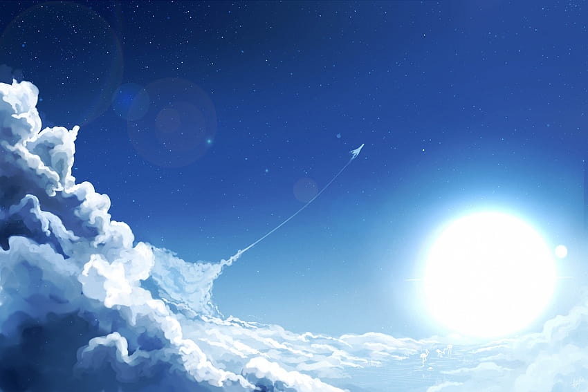 アート、空、太陽、雲、飛行機、航空機、星、月/およびモバイルの背景、空の絵 高画質の壁紙