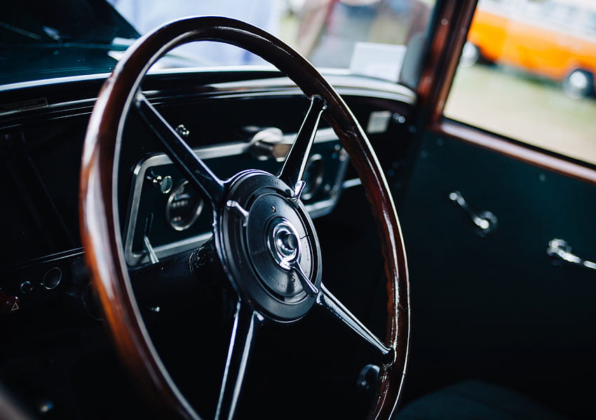 old vintage car interior with the wooden frame steering wheeldrive, vintage steering HD wallpaper