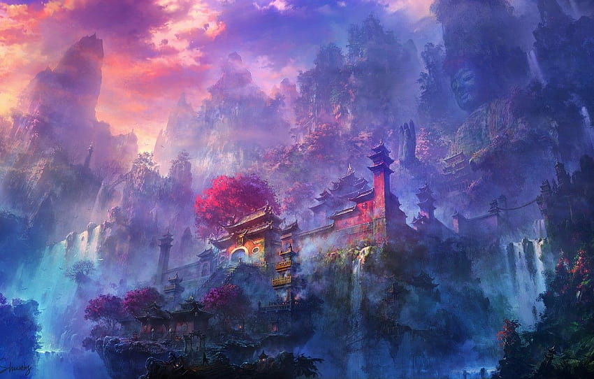 mountains, rocks, construction, Shaolin Temple, Shuxing Li , section фантастика HD wallpaper
