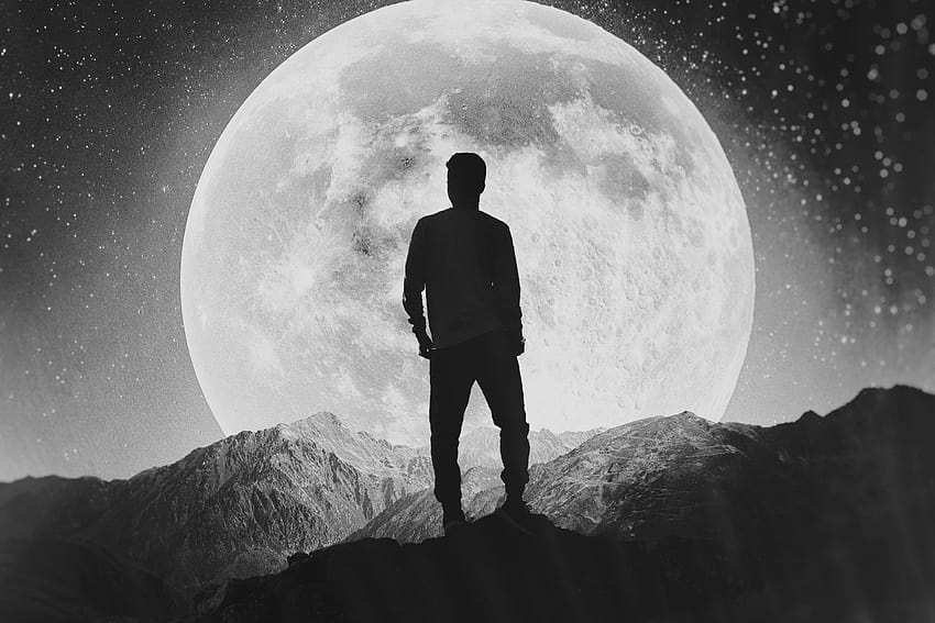 luna, silueta, solo, hombre, montañas, creativo, el hombre en la luna fondo de pantalla