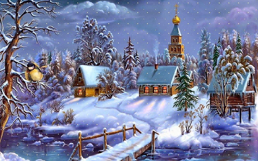 Snowy Christmas Village, christmas village night HD wallpaper