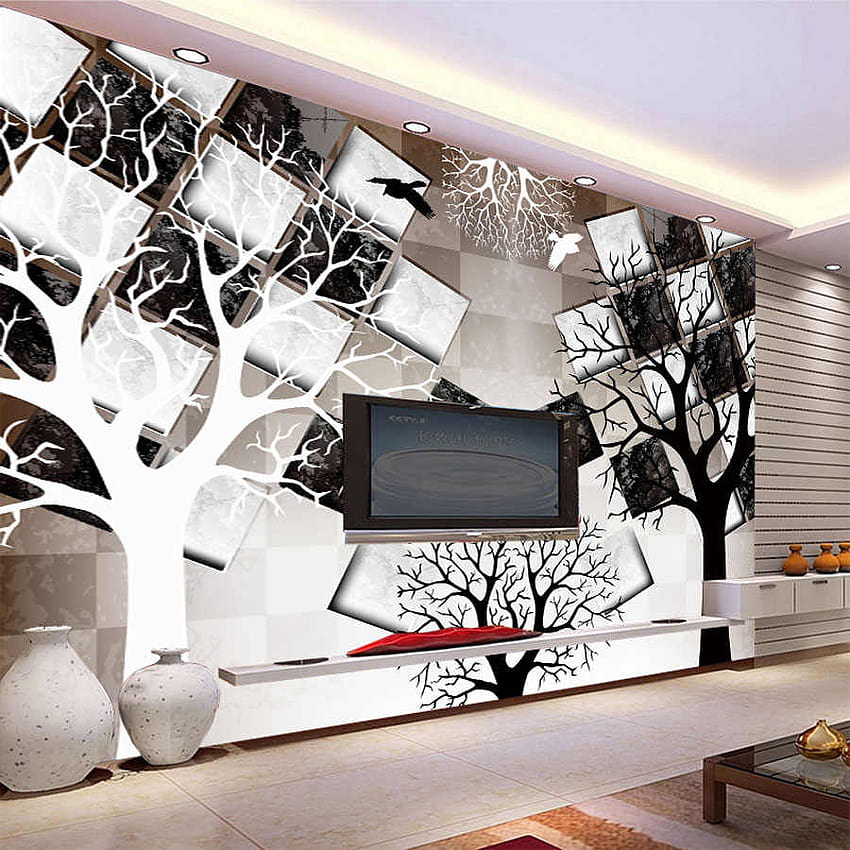 Serin Siyah Beyaz Ağaç Kontrol Tuğla Doğal 3d Duvar Kağıdı için Rulo Duvar Kağıdı 3d Oturma Odası Boyama Çocuk Yatak Odası HD telefon duvar kağıdı