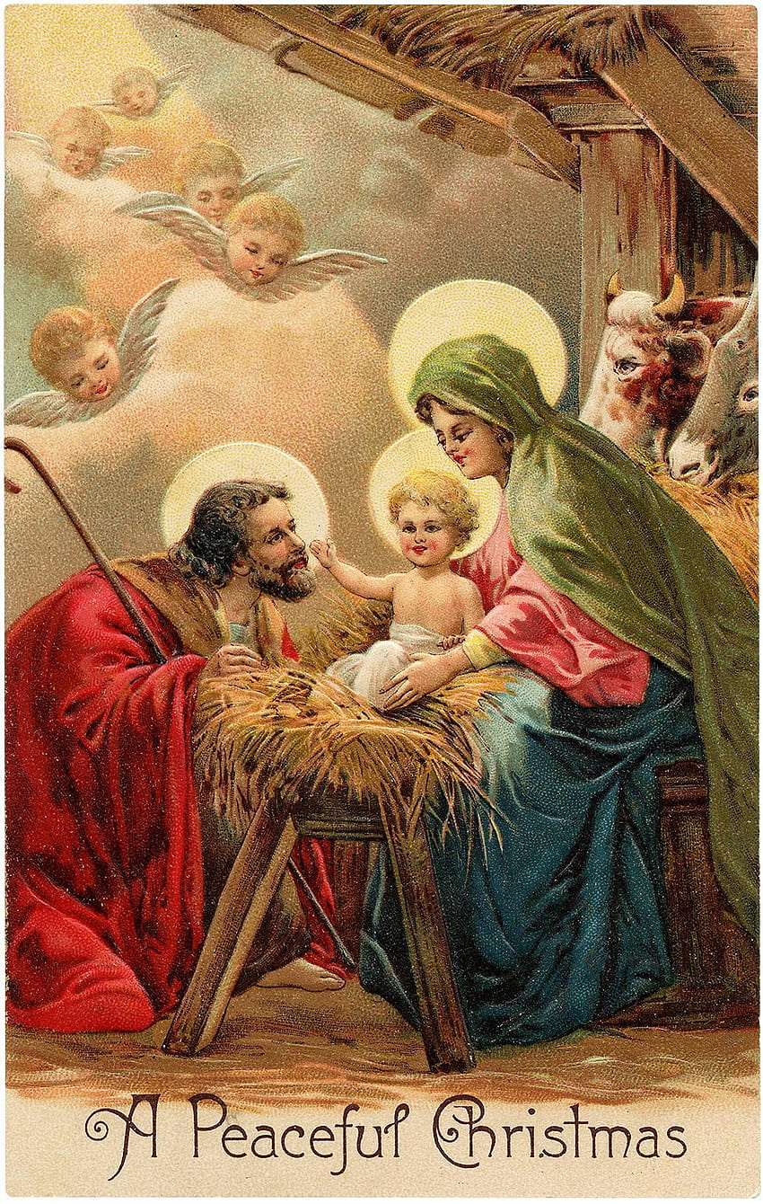 6 Vintage Boże Narodzenie!, Maryja kładąca Dzieciątko Jezus w żłobie Tapeta na telefon HD