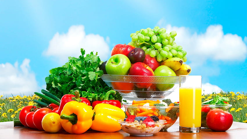 Fresh fruits, grapes, apples, tomatoes, juice, blue sky 3840x2160 U HD wallpaper