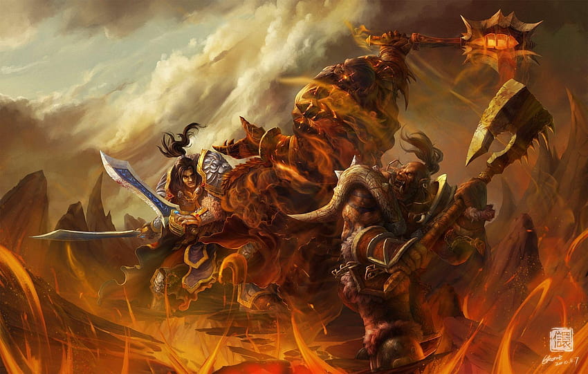World of WarCraft WoW Warrior Orc Battle Monster axe Games fantasy, human warrior HD wallpaper