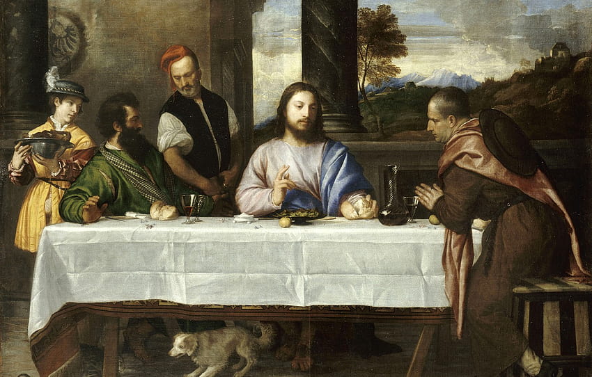 wine, The Louvre, bread, dog, gesture, wine, painting, jesus christ, the story of the Bible, bread, table, students, Supper at Emmaus, white tablecloth, Titien , section живопись, jesus painting HD wallpaper