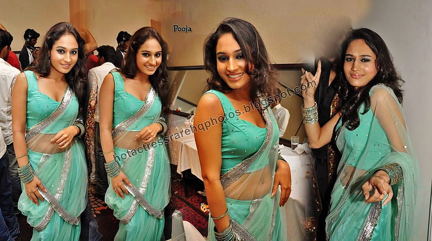 Гореща индийска актриса Редък щаб: Тамилска сериална актриса и Swamy Ra Ra Fame Pooja Ramachandran Най-горещото шоу с пъп и деколте в блуза без ръкави и прозрачно синьо сари HD тапет