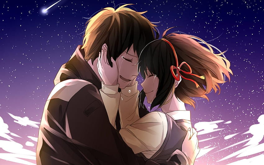 Kahverengi saçlı anime aşığı dijital , anime, çift, ağlayan öpücük anime HD duvar kağıdı