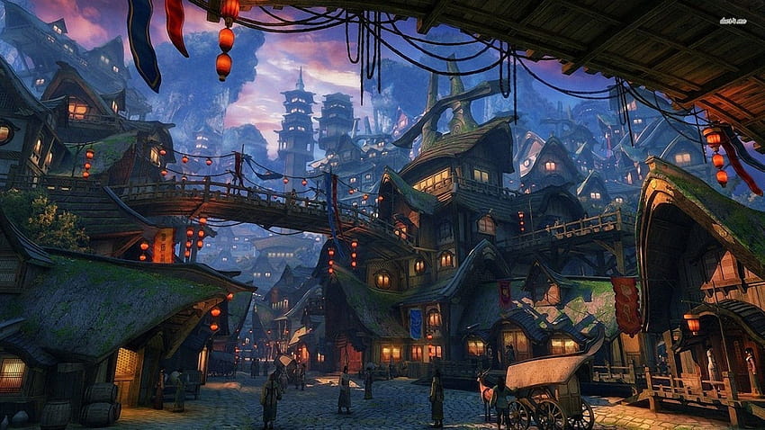 Fantasie alte japanische Stadt HD-Hintergrundbild