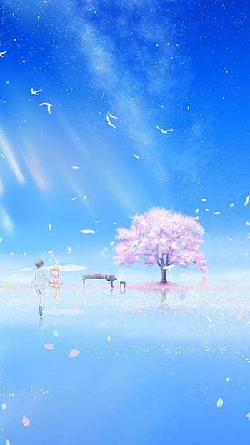 Wallpaper schoolgirl, long hair, blue sky, Shigatsu wa Kimi no Uso, Your  April lie, Kaori Miyazono, under the tree, the cherry blossoms for mobile  and desktop, section сёнэн, resolution 3000x2500 - download