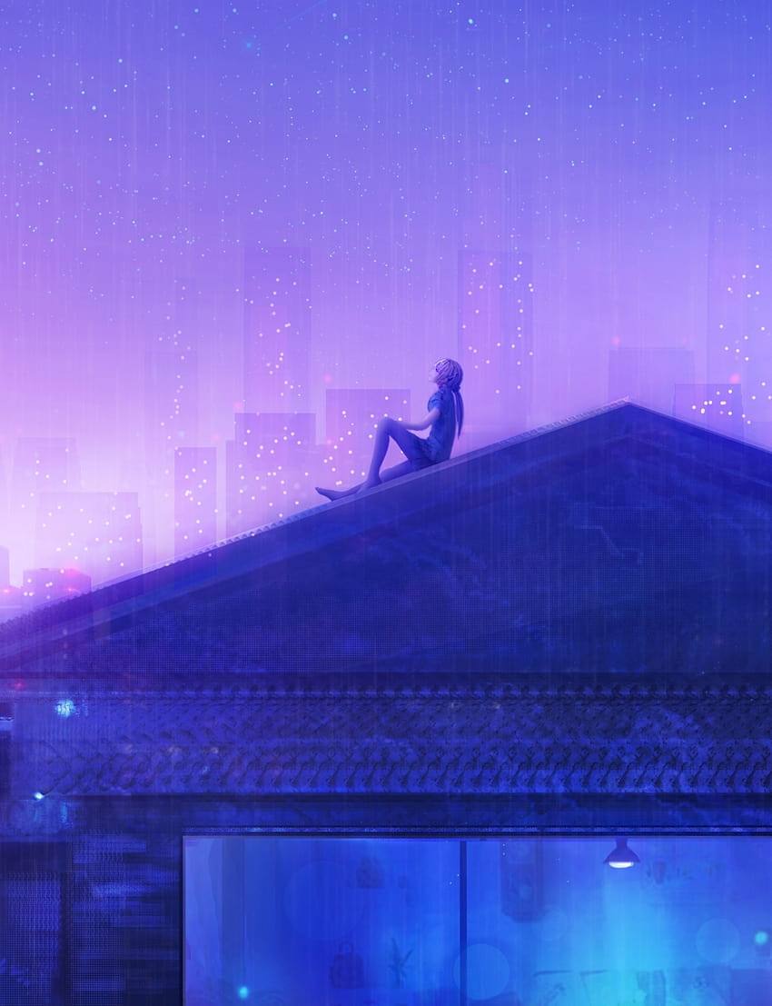 Raining, Stars, Purple Sky, Buildings, Anime Girl, Rooftop, Scenic, purple anime city HD phone wallpaper