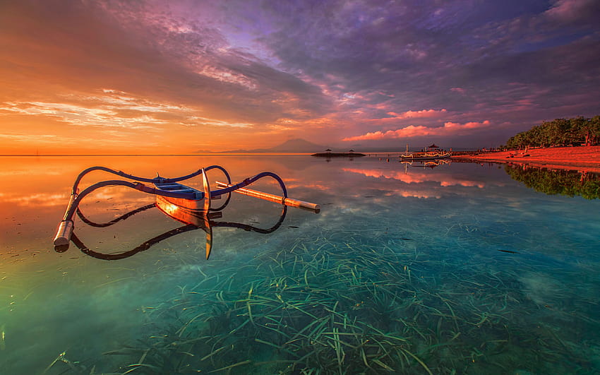 Bali Indonesia Orange Sunset Khanprosire Water Sea Grass Boat For PC Tablet And Mobile 3840х2160 : 13 HD wallpaper