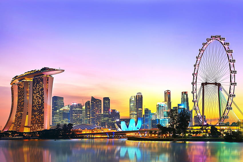 Singapore Marina Bay Sands Ruota panoramica Sera Città, Singapore Sfondo HD