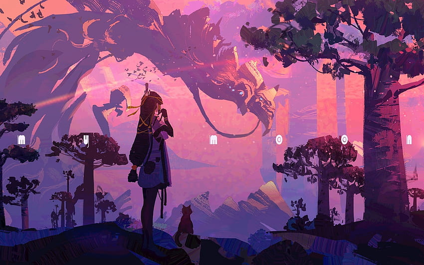 2880x1800 Anime-Landschaft, Drache, Mädchen, Bäume, Landschaftlich für MacBook Pro 15 Zoll, Anime-Bäume rosa HD-Hintergrundbild
