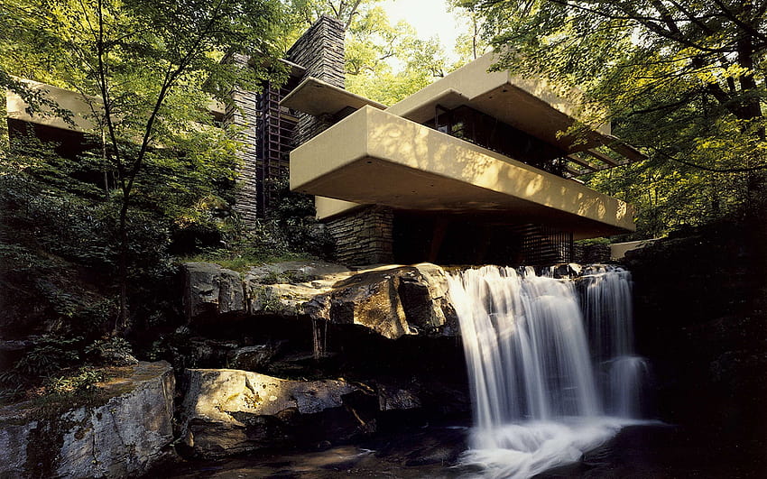brązowo-szary betonowy dom Falling Water Frank Lloyd Wright Tapeta HD