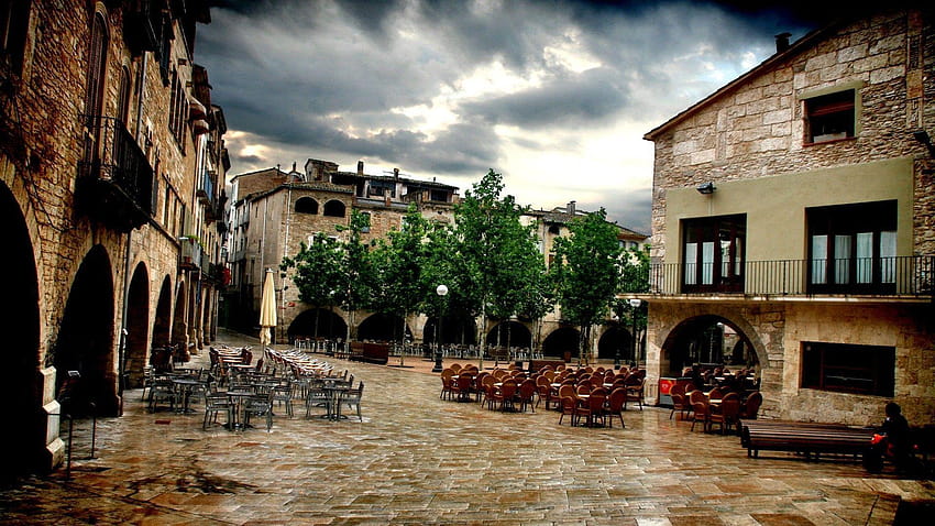 Other: Restaurants Spanish Town Square Clouds Restaurant Chairs HD wallpaper