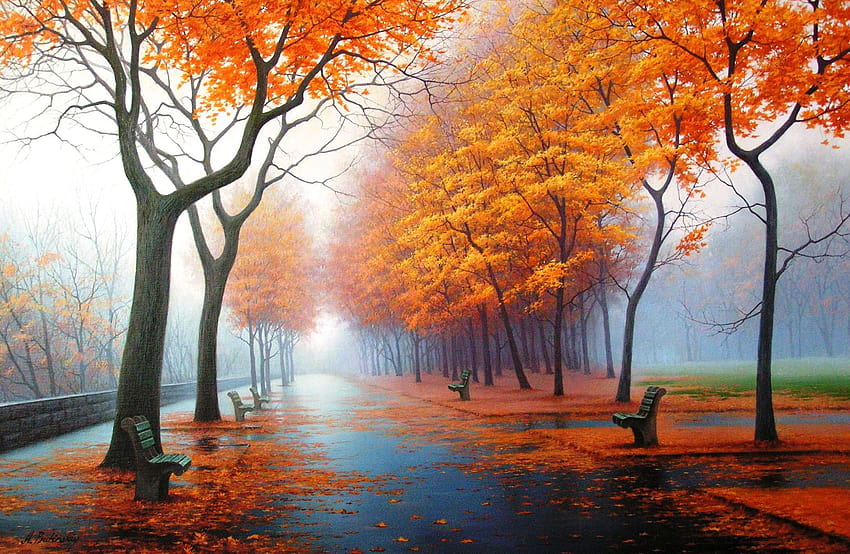 Nature Art Orange Leafed Trees Painting, Autumn • For You For & Mobile, autumn forest painting HD wallpaper