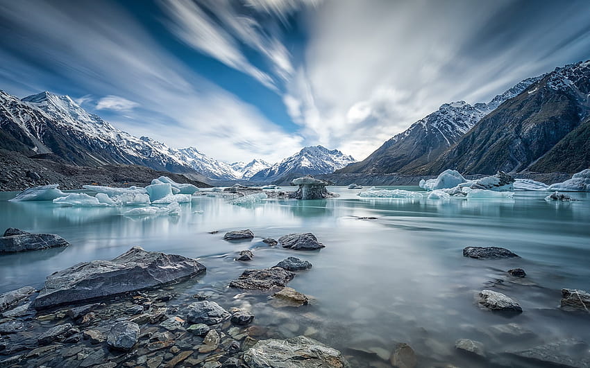 Canterbury, Selandia Baru, Gunung Cook, sungai, es, musim dingin 1920x1200, musim dingin es Wallpaper HD