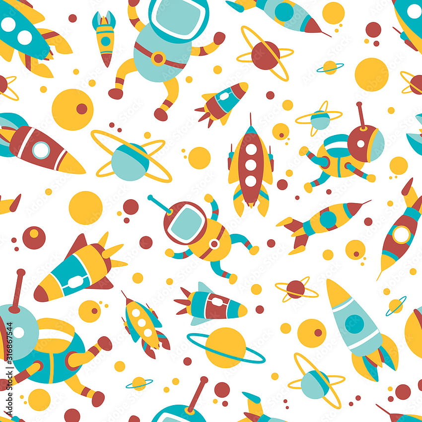 Seamless space pattern. Cartoon spaceship icons. Kid's elements for scrapbooking, textiles, designer paper. Childish background. Stock vector illustration Stock Vector HD phone wallpaper
