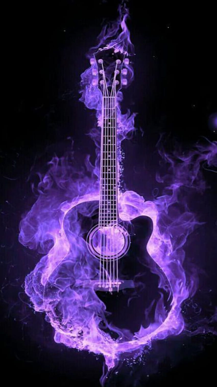 ギター愛好家、すべての音楽ファン。 この燃えるようなネオンのアコースティック、アニメの女の子の音楽のベースギターの紫はどうですか HD電話の壁紙