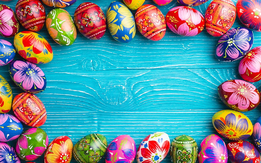 Easter eggs, decorated eggs, blue wooden background, boards, Happy Easter, frame from eggs with resolution 2880x1800. High Quality, easter blue HD wallpaper