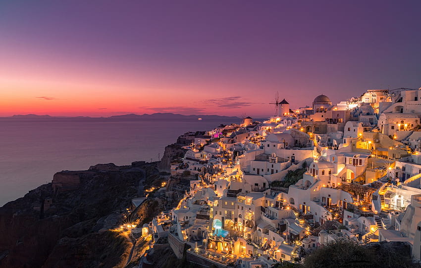 malam, rumah, Santorini, Yunani, Fira , bagian город, santorini yunani Wallpaper HD