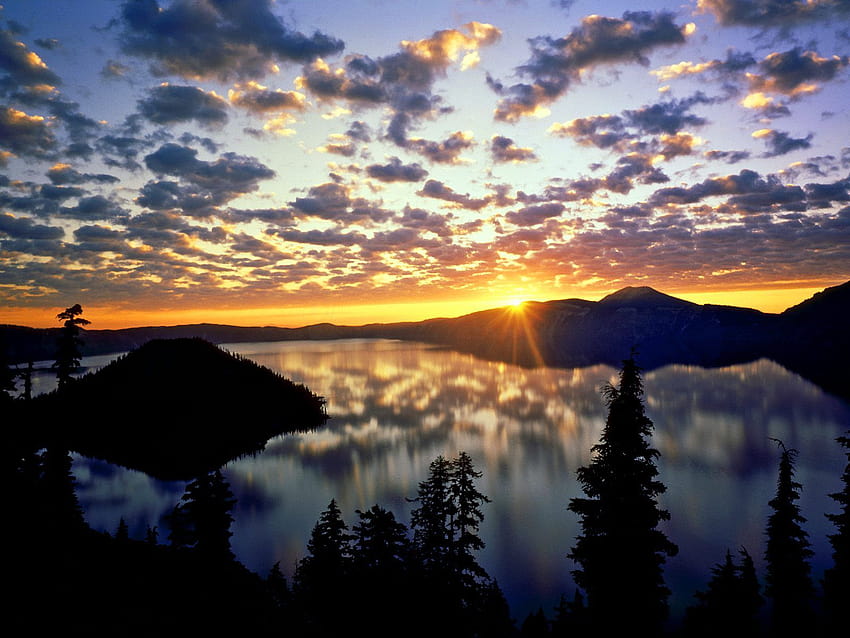 Nature: Sunrise Over Crater Lake, Cascade Range, Oregon, nr. 56063, pôr do sol da cascata do lago papel de parede HD