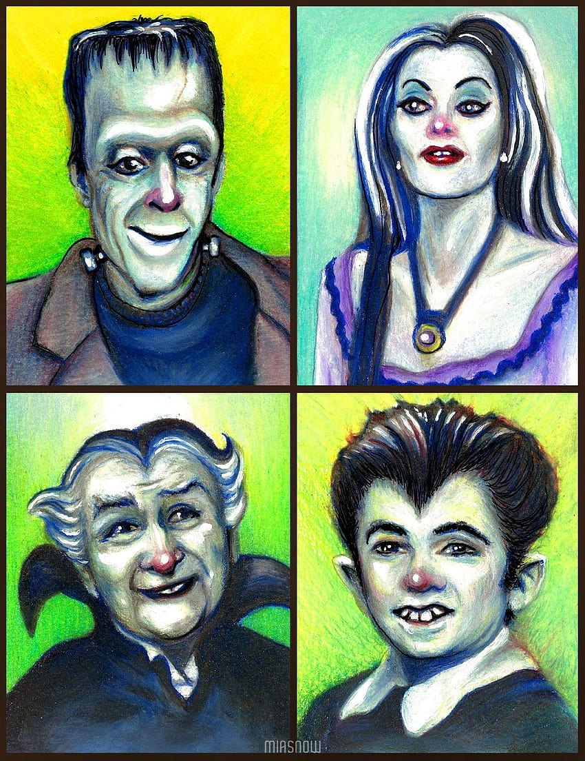 The Munsters color pencil drawing of Herman, Lily, Grandpa, & Eddie HD phone wallpaper
